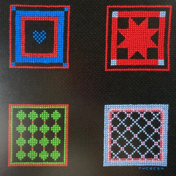 Vintage Handmade Amish Quilt Squares 14" Framed Cross Stitch - Picture 5 of 11